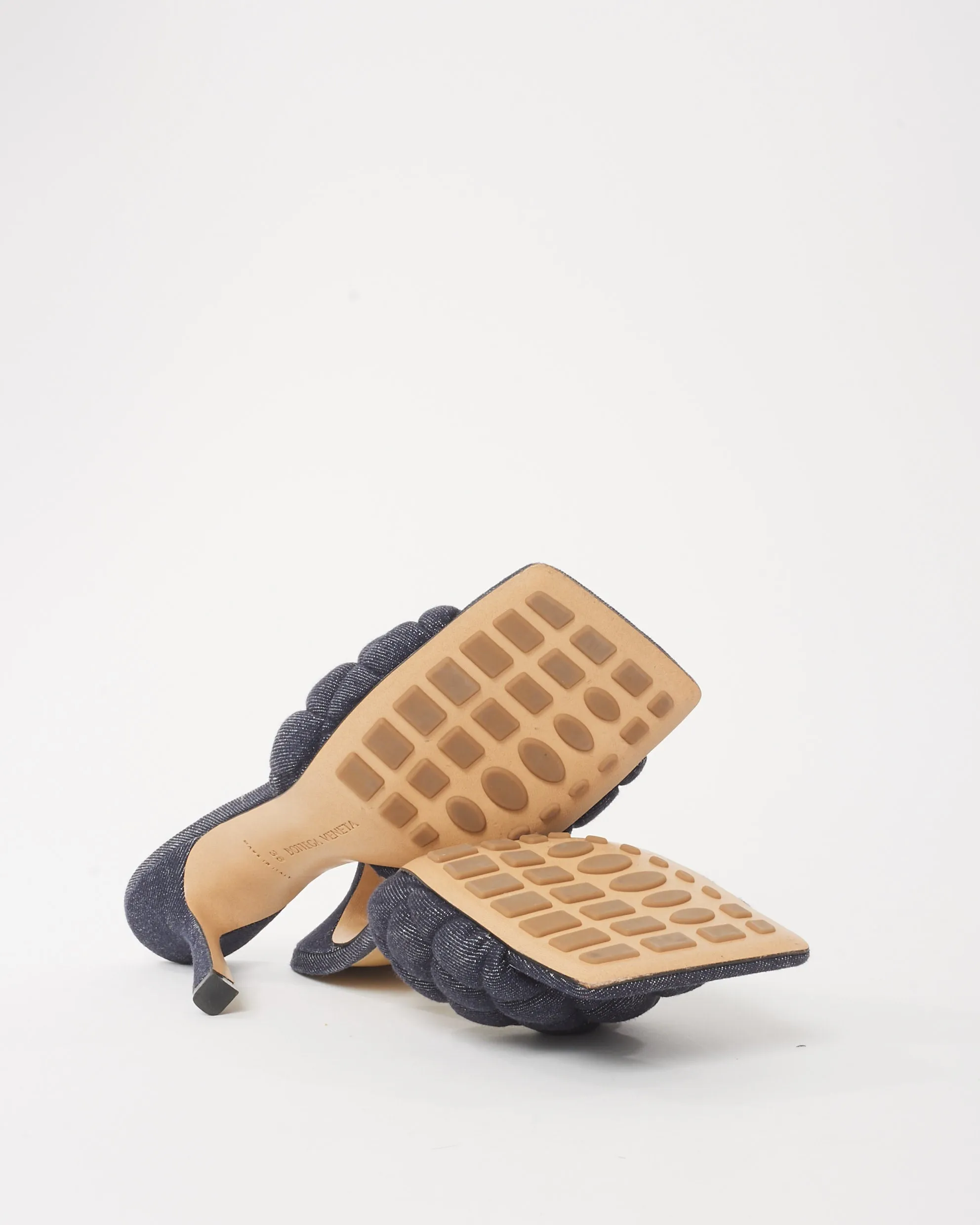Bottega Veneta Indigo Blue Denim Padded Mule Heeled Sandals - 38