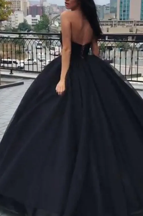 Sexy Ball Gown Sweetheart Floor-length Sleeveless Black Long Organza Prom Dress Evening Dress OHC193