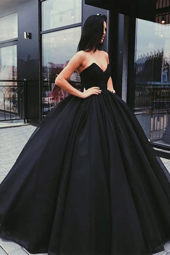 Sexy Ball Gown Sweetheart Floor-length Sleeveless Black Long Organza Prom Dress Evening Dress OHC193