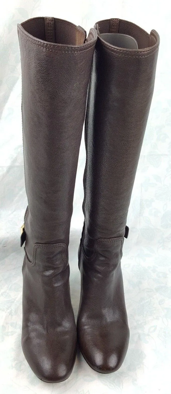 Tory Burch Brown Leather Gold Buckle High Heel Knee High Boots