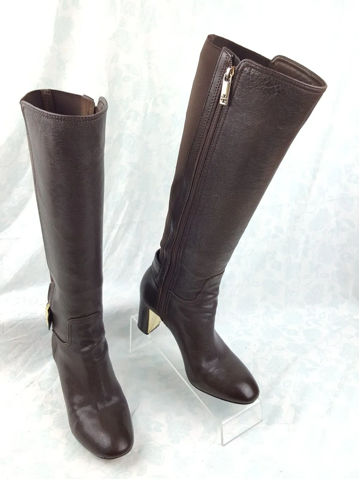 Tory Burch Brown Leather Gold Buckle High Heel Knee High Boots