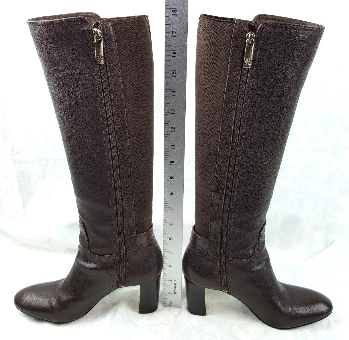 Tory Burch Brown Leather Gold Buckle High Heel Knee High Boots