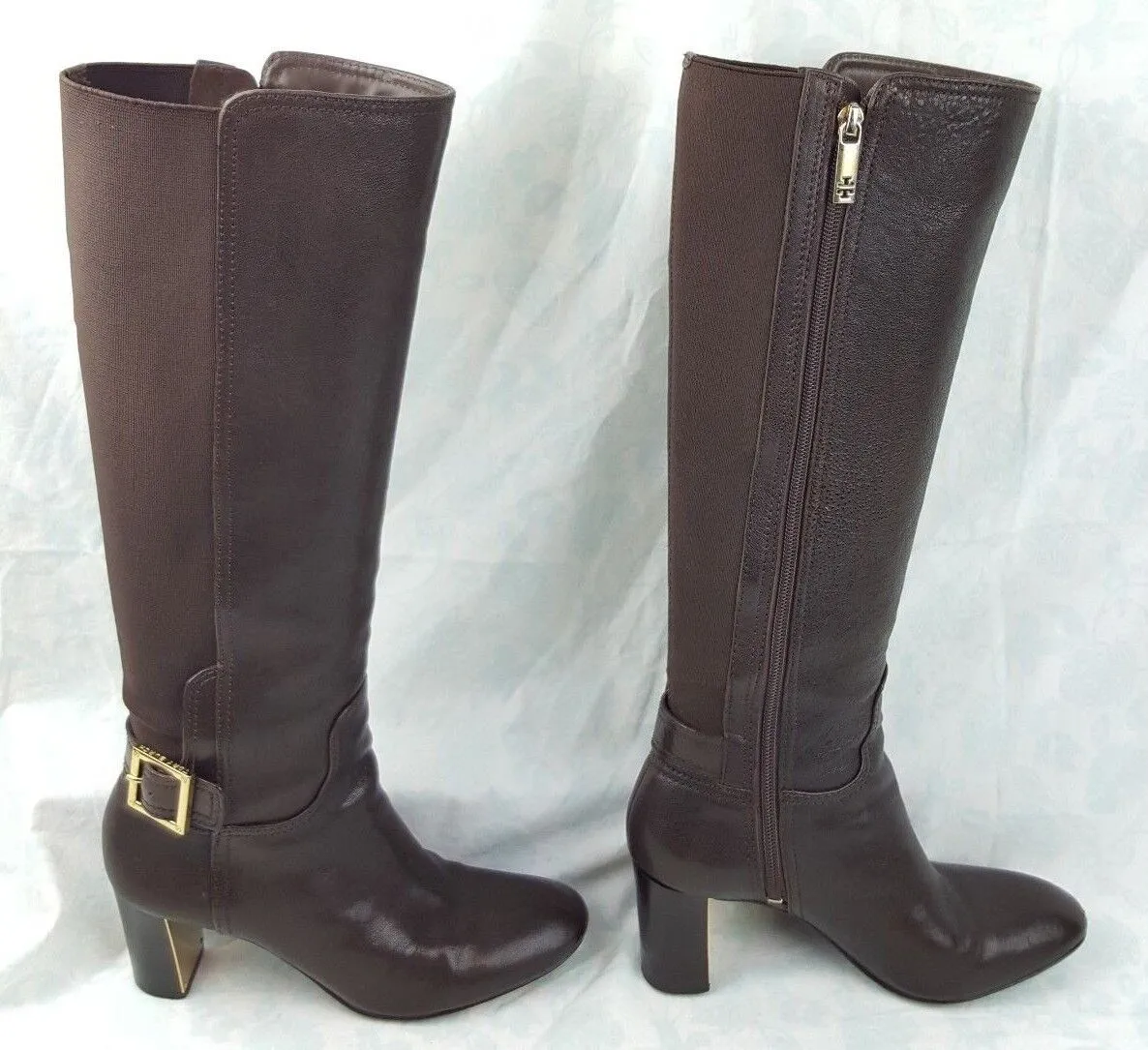 Tory Burch Brown Leather Gold Buckle High Heel Knee High Boots