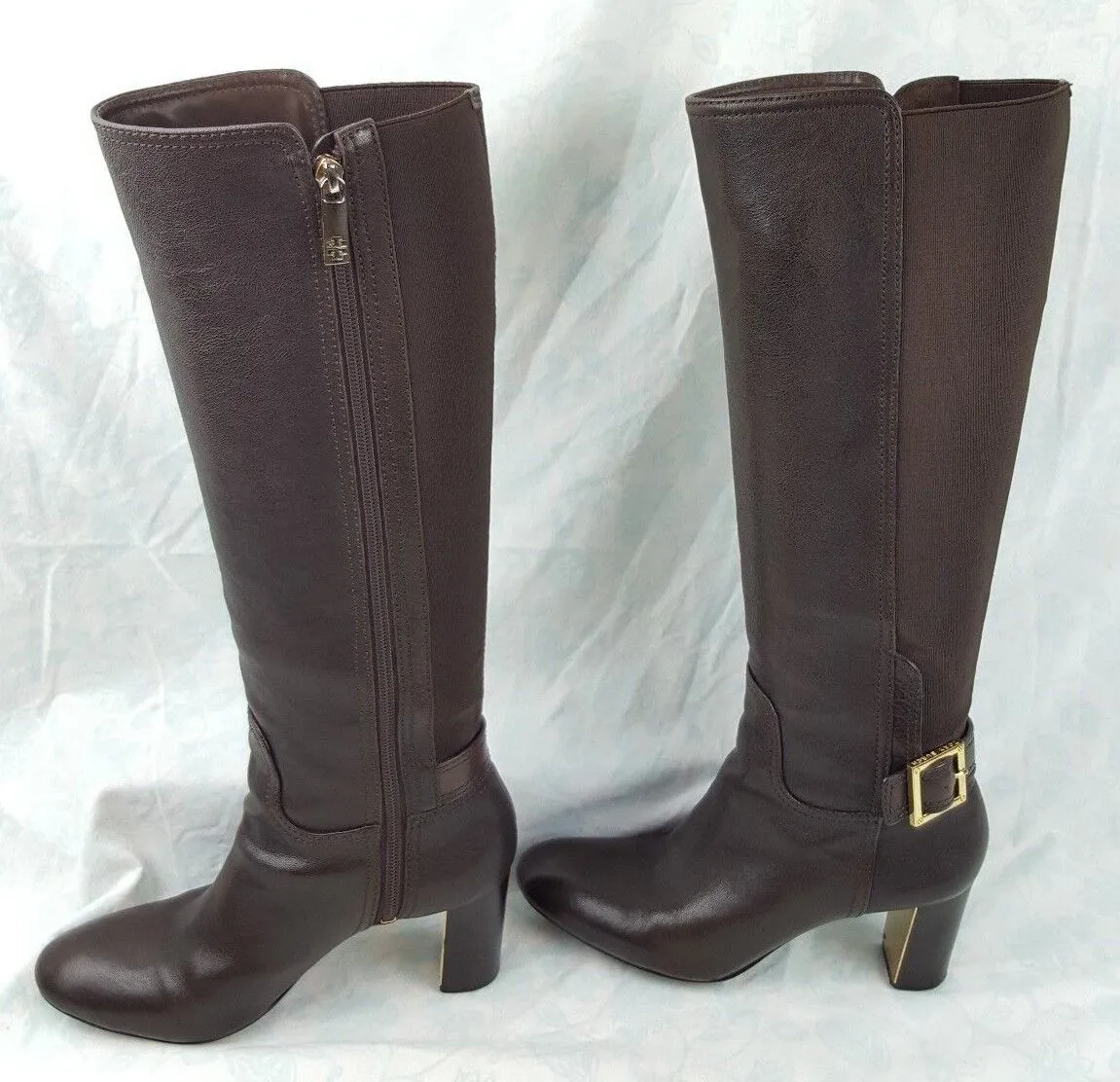 Tory Burch Brown Leather Gold Buckle High Heel Knee High Boots