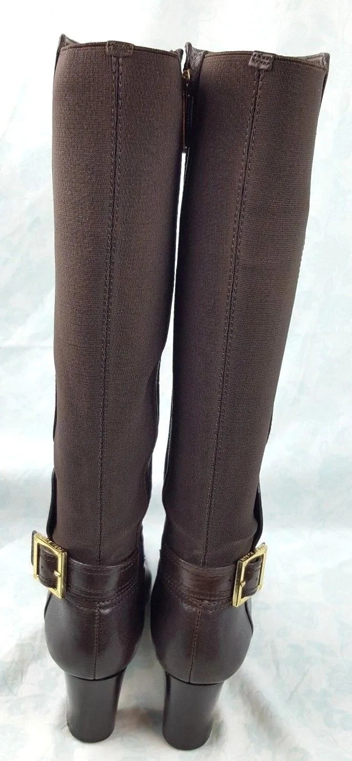 Tory Burch Brown Leather Gold Buckle High Heel Knee High Boots