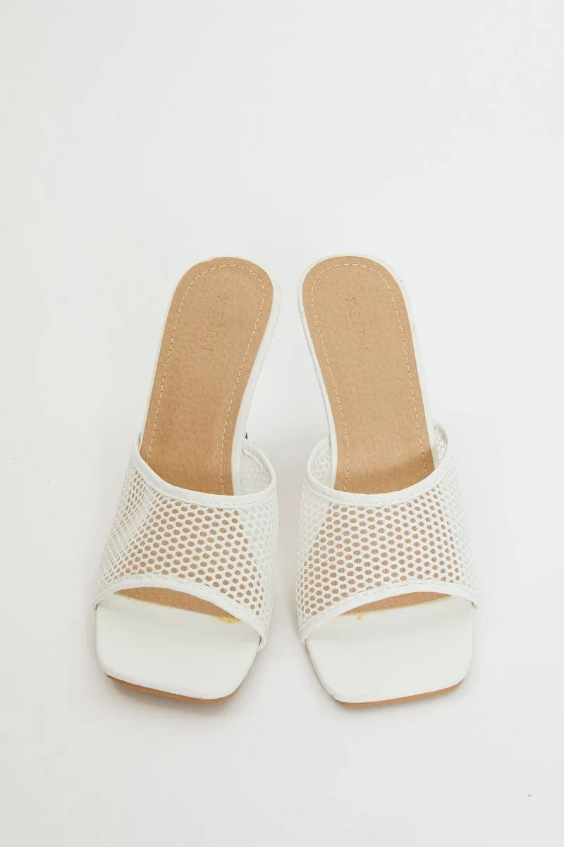 White Angelina Mesh Square Toe Mule High Heeled Shoe