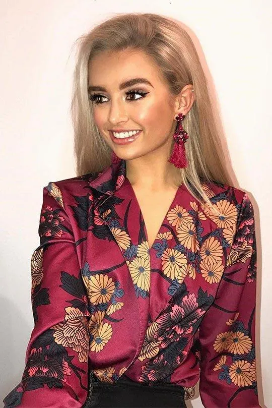 Wine Flower Print Plunge Satin Bodysuit - Madelynn