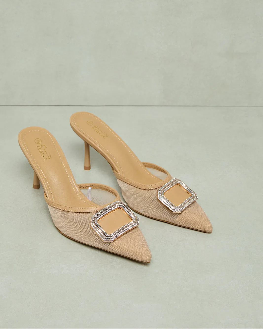 Women Pink Mesh With Buckle Trim Mule